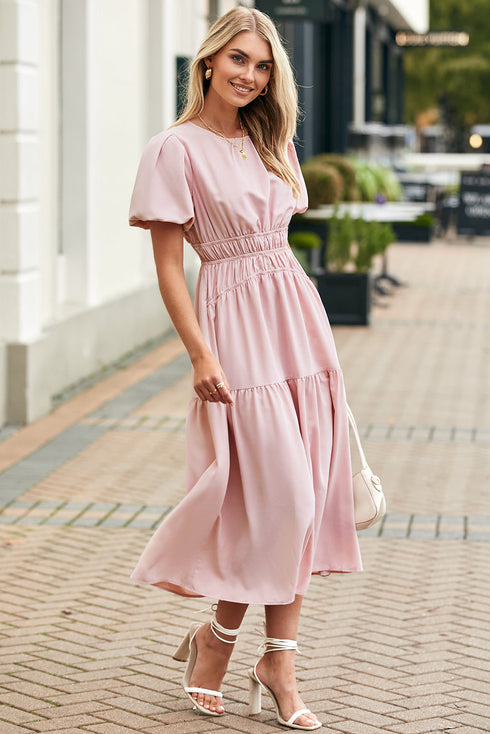 Puff Sleeve Pleated High Waist Flowy Long Dress